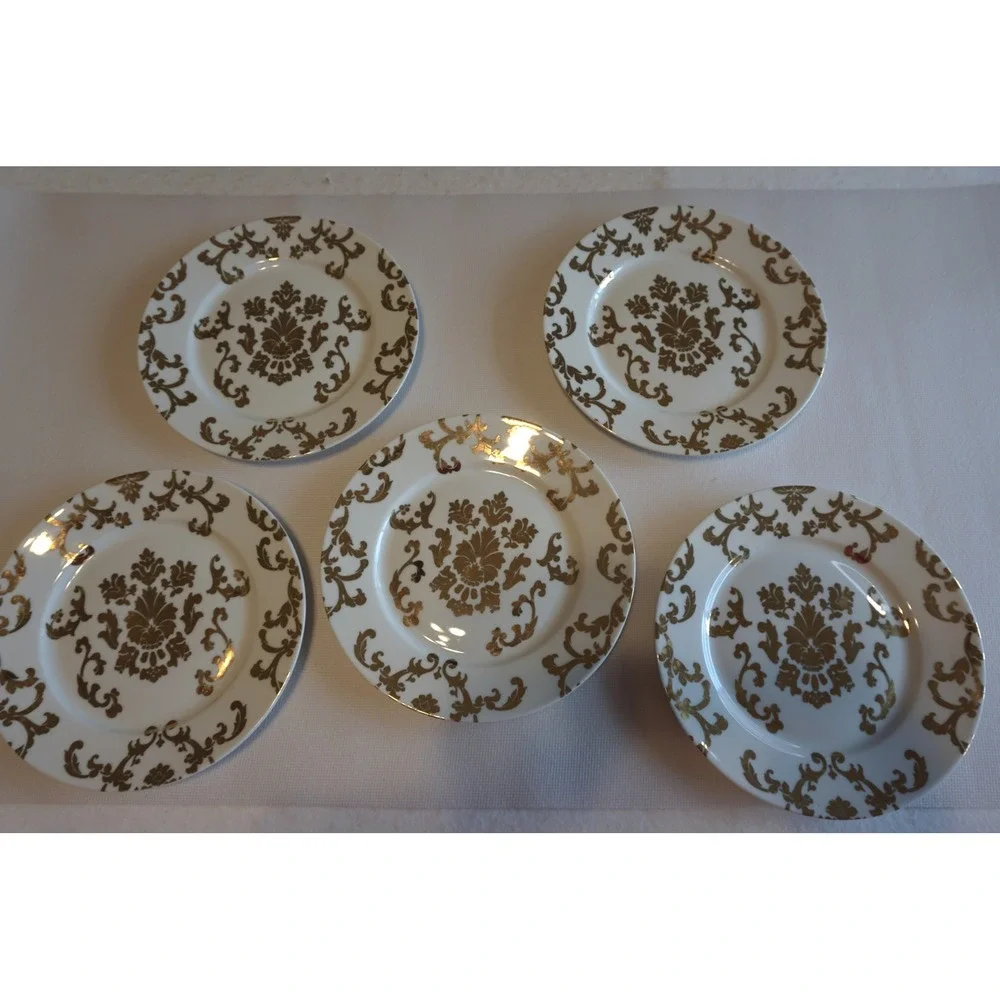 R Table by Rosanna Gold Damask White Porcelain Salad Dessert Plates Set of 5, 8